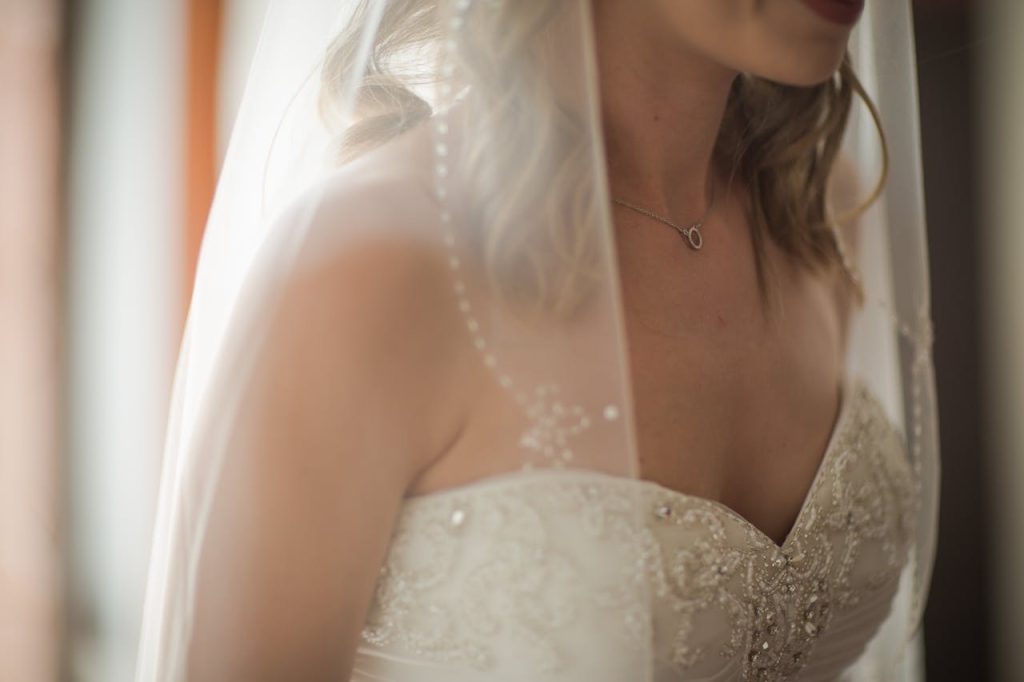 A close-up of a bride in an ornate wedding dress with a veil, exuding elegance and beauty.
